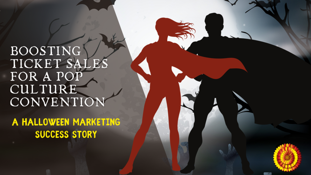 A blog header image featuring a spooky Halloween background, two superhero silhouettes and the blog title: Trick or Treat? Unmasking the Marketing Success of a Pop Culture Convention 