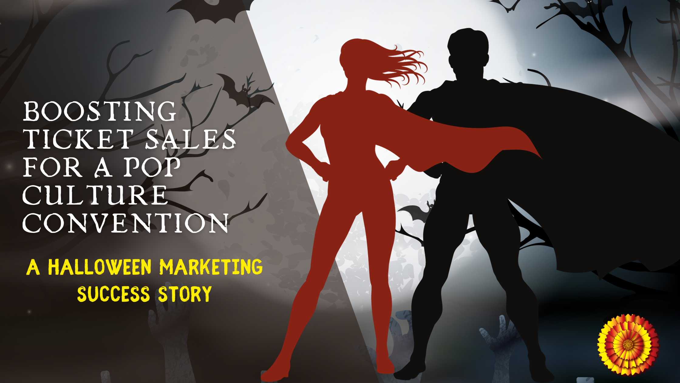 A blog header image featuring a spooky Halloween background, two superhero silhouettes and the blog title: Trick or Treat? Unmasking the Marketing Success of a Pop Culture Convention